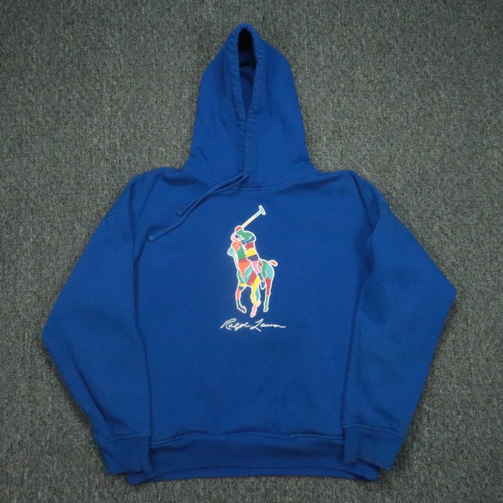 Polo Ralph Lauren Hoodie Mens Medium Blue Rainbow Big Pony Pullover Big Fit